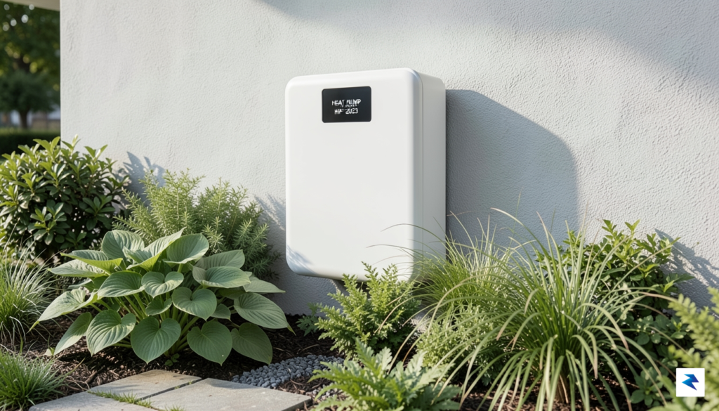 A sleek, modern residential heat pump unit installed neatly against…