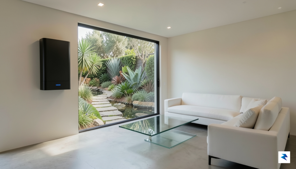 A modern, minimalist living room showing an integrated, sleek wall-mounted…