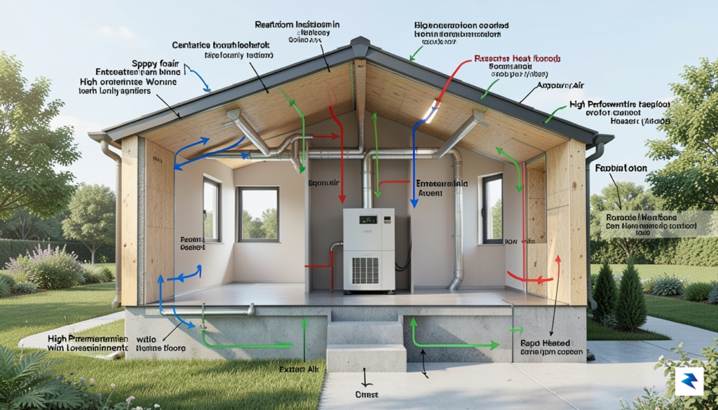 A cross-section diagram of a modern, well-insulated home showing arrows…
