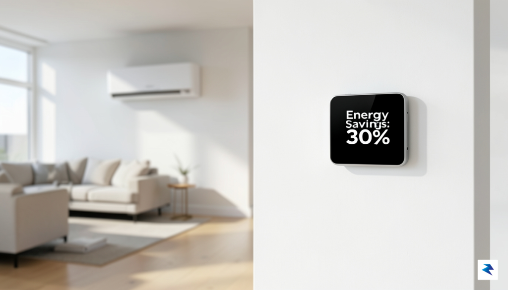 A clean, modern living room interior with a digital display…