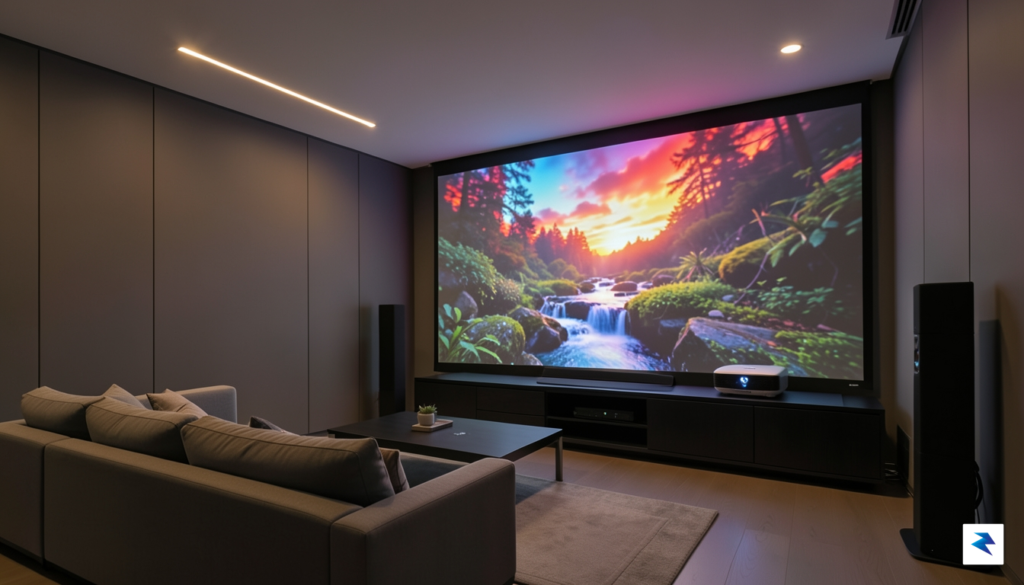 A modern living room with a large, vibrant projected image&hellip;