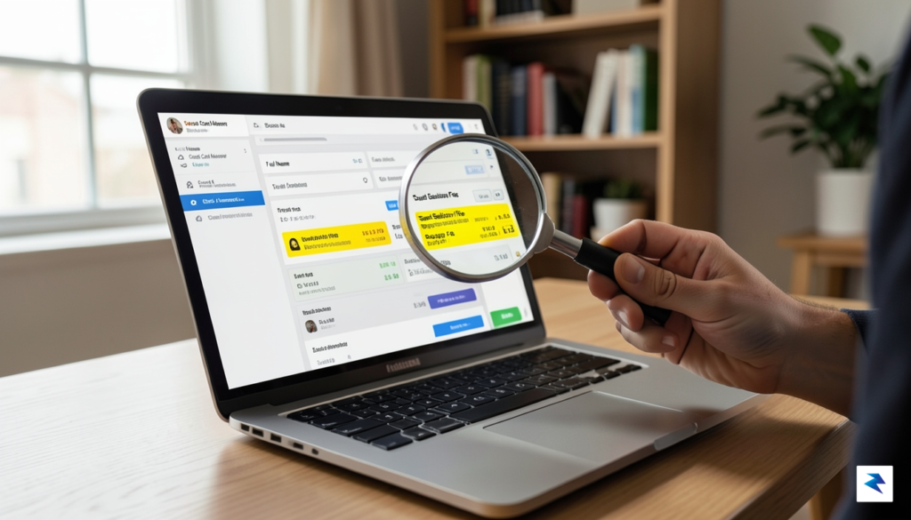 A person holding a magnifying glass over a laptop screen&hellip;