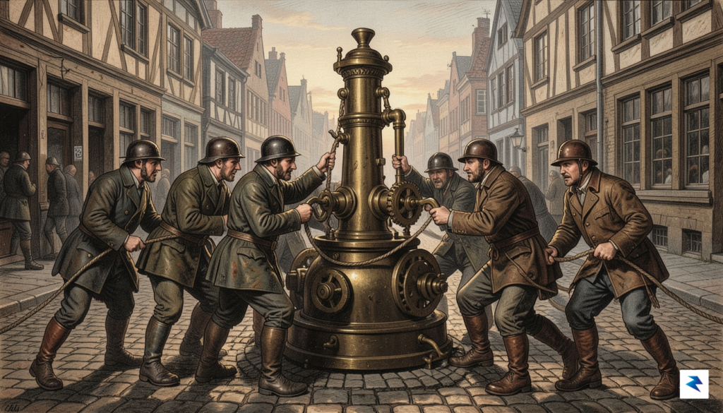 A 17th-century Dutch painting style illustration showing uniformed men in&hellip;