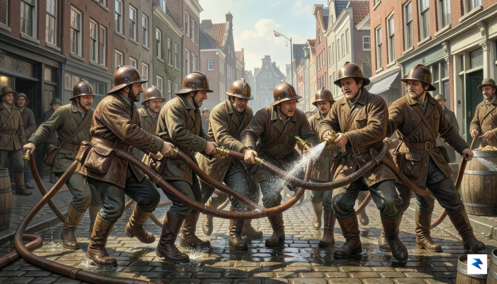 A detailed illustration of 17th-century firefighters in Amsterdam using the&hellip;