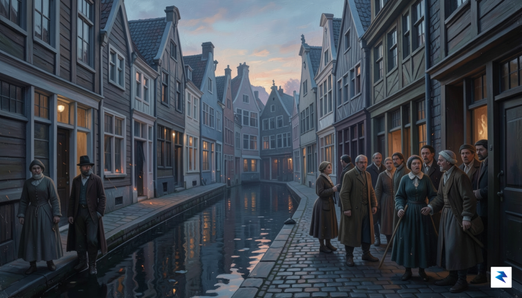 A wide-angle, atmospheric oil painting style illustration of 17th-century Amsterdam&hellip;