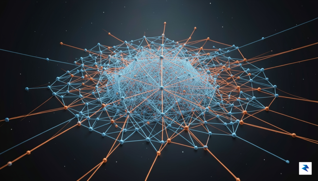 A clean, 3D data visualization showing a neural network architecture…