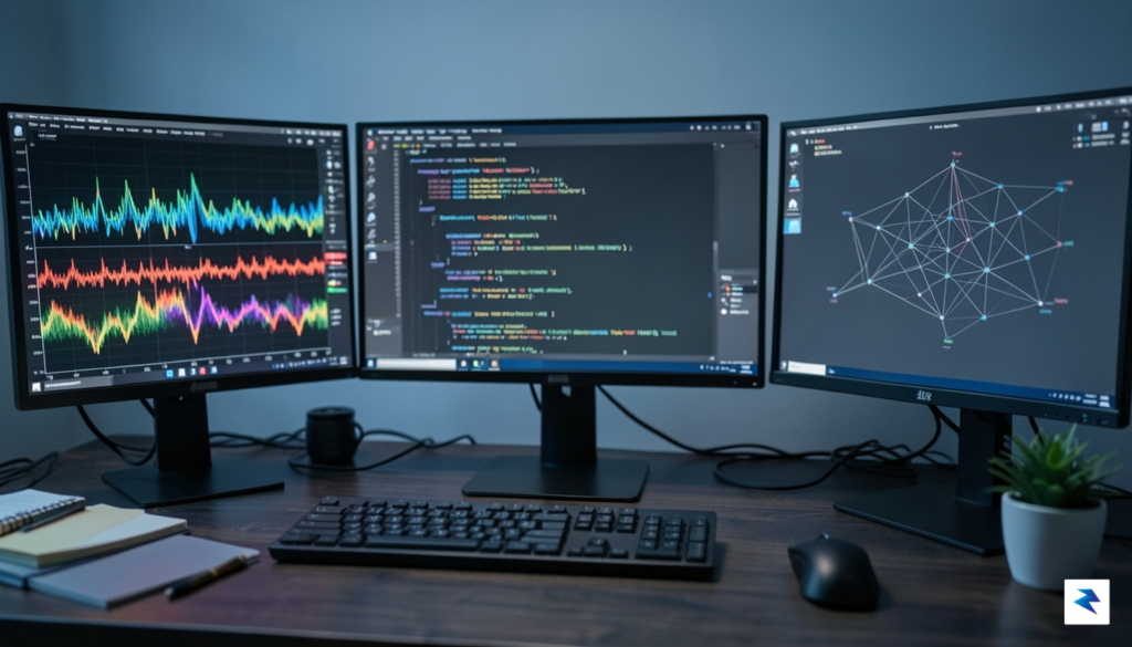 A close-up shot of a developer's workspace featuring multiple monitors…