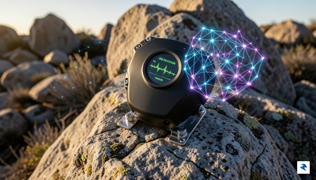 A close-up, high-tech photograph of a ruggedized seismic sensor mounted…