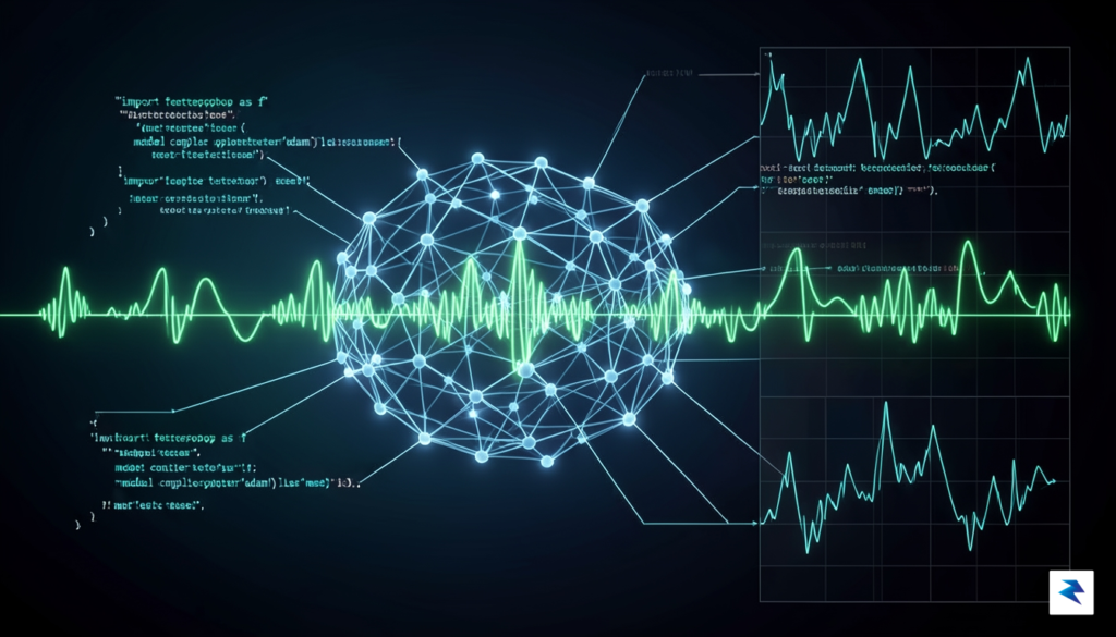 A conceptual 3D visualization showing a neural network architecture glowing…