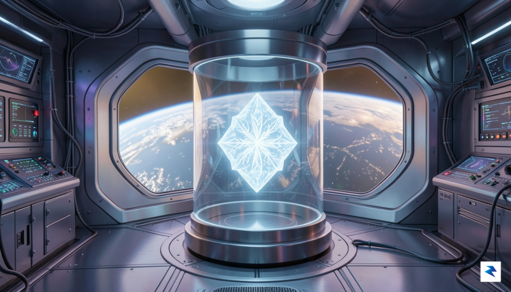 A high-tech laboratory interior set inside a spacecraft, showing a&hellip;