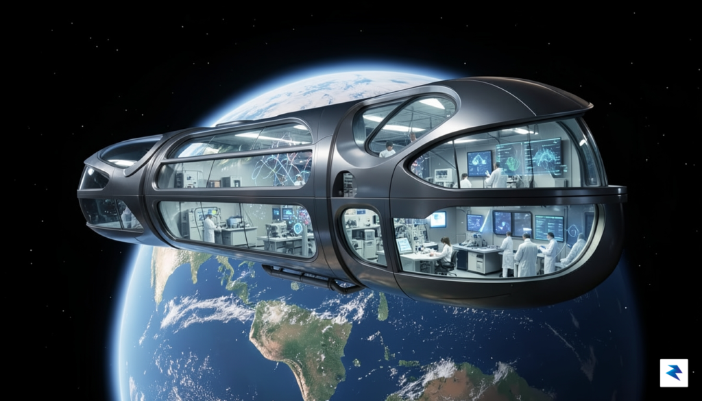 A conceptual digital illustration showing a futuristic, sleek pharmaceutical research&hellip;