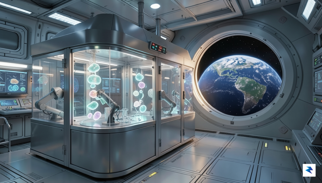 A sleek, high-tech modular laboratory floating inside a spacecraft, featuring&hellip;