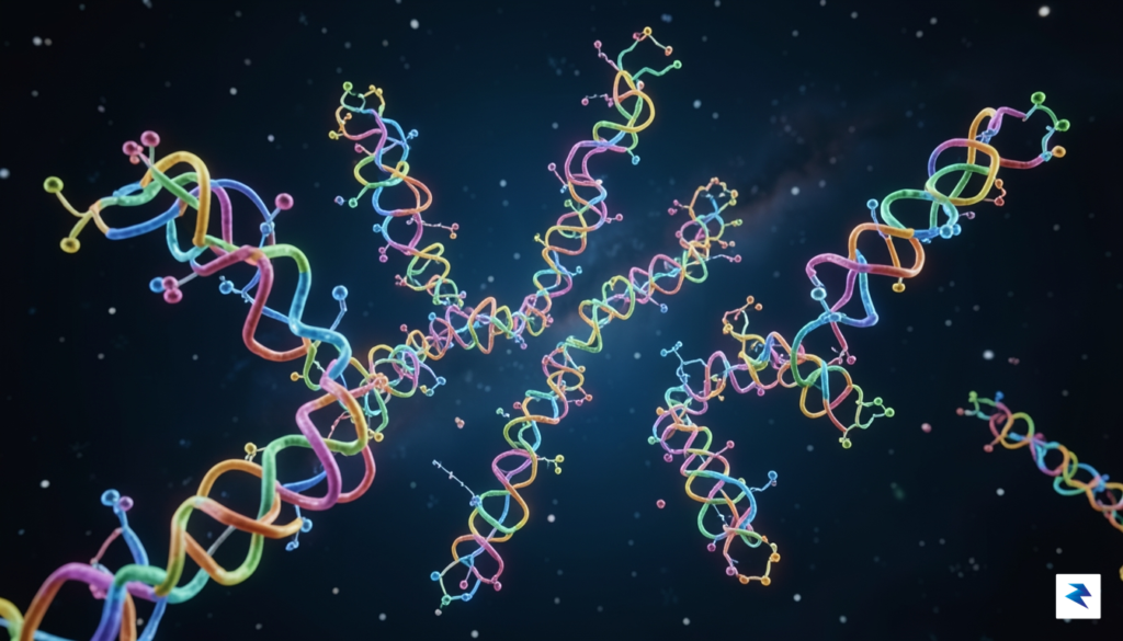 A high-resolution, scientific 3D rendering of complex, colorful protein chains&hellip;