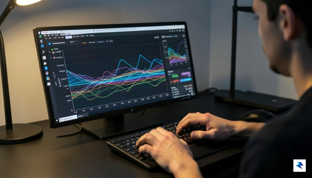 A developer looking at a high-resolution terminal screen displaying complex…
