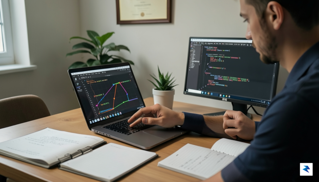 A developer meticulously profiling code with a graph showing performance…