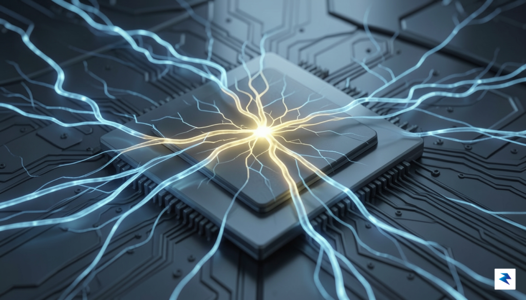 A conceptual digital illustration showing a glowing, branching data path…