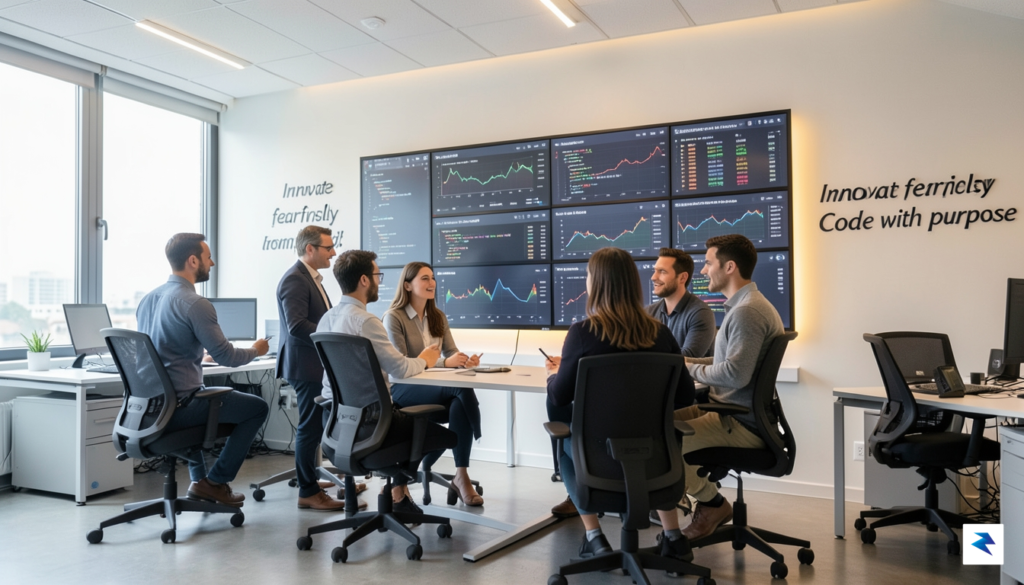 A modern engineering office with a diverse team collaborating around&hellip;