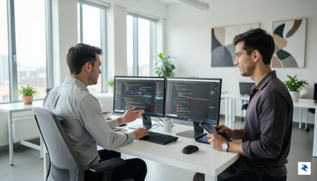 A modern, minimalist office space showing a software engineer collaborating&hellip;