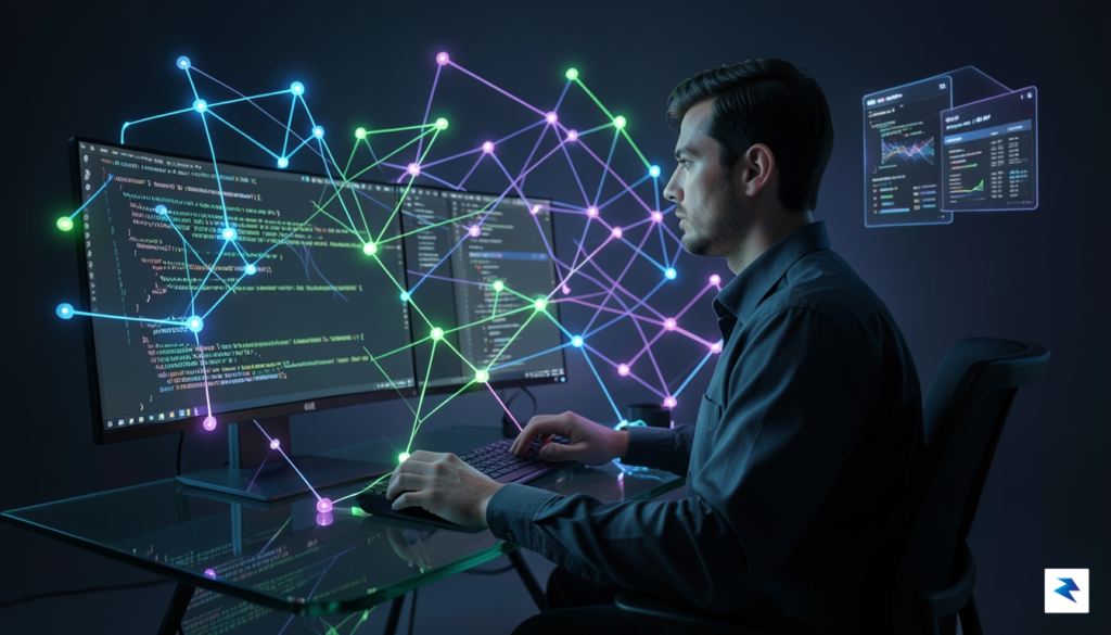 An abstract digital visualization showing a developer at a workstation&hellip;