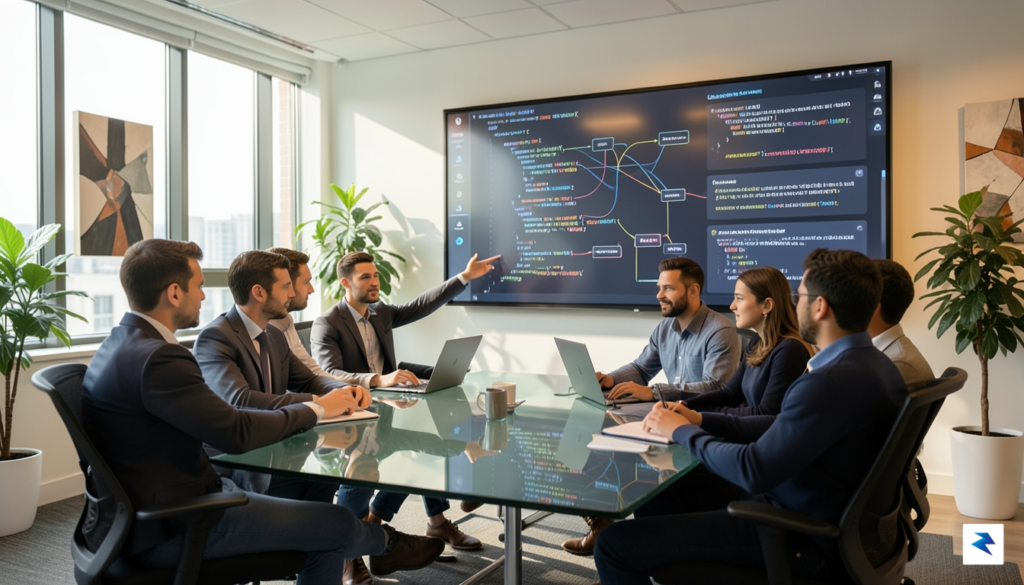 A diverse team of software engineers collaborating around a large&hellip;