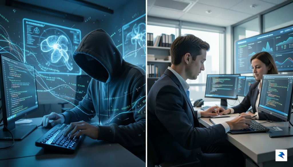 A stylized split image. On one side, a hacker in…
