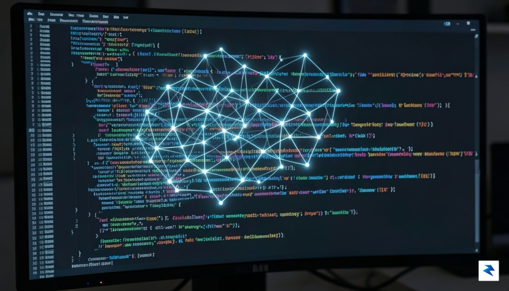 A conceptual digital visualization showing a glowing neural network pattern…