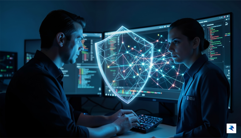 A digital security professional monitoring a network dashboard with glowing…