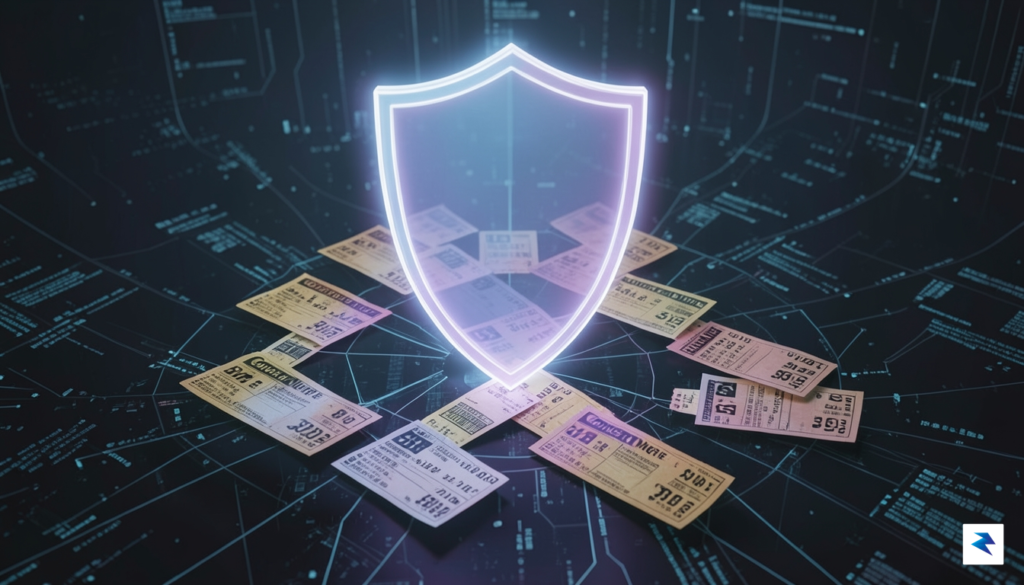 A conceptual digital art piece showing a glowing shield protecting…