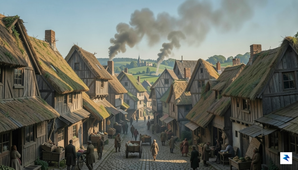 A detailed 17th-century cityscape showing densely packed wooden buildings with&hellip;