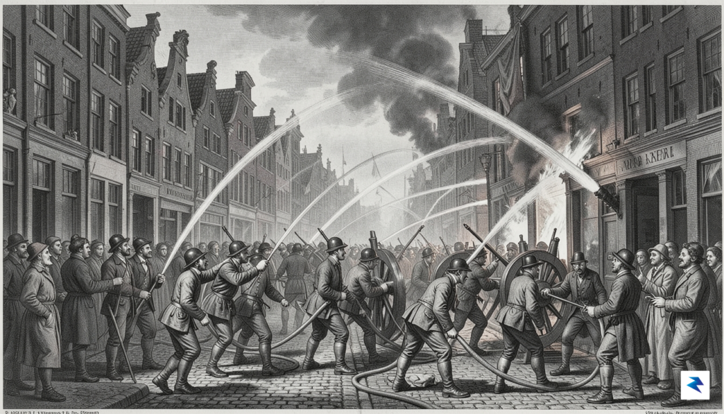 A detailed 17th-century engraving showing a bustling Amsterdam street scene&hellip;