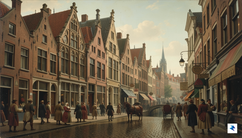 A detailed 17th-century Dutch cityscape painting by Jan van der&hellip;