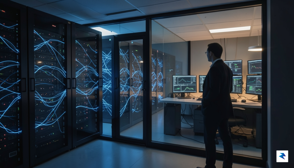 A secure server room with glowing blue lines representing data&hellip;