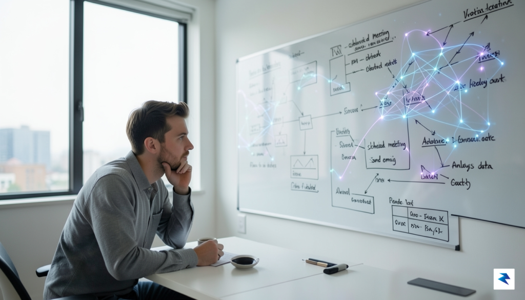 A startup founder in a modern, minimalist office, deep in&hellip;
