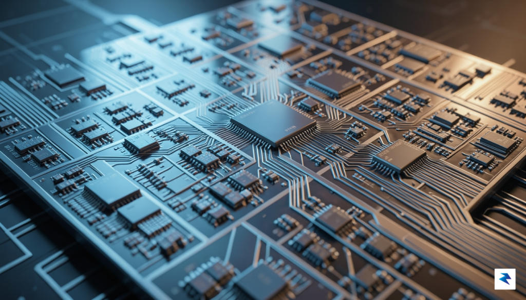 A close-up, high-tech conceptual visualization of a silicon chip die…