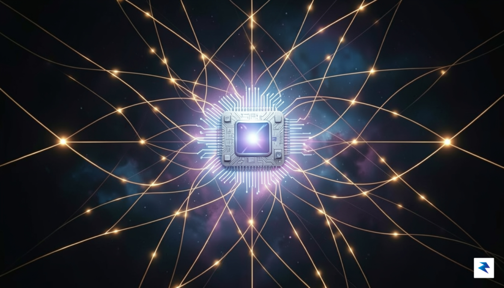 A conceptual digital illustration showing a glowing silicon chip glowing…
