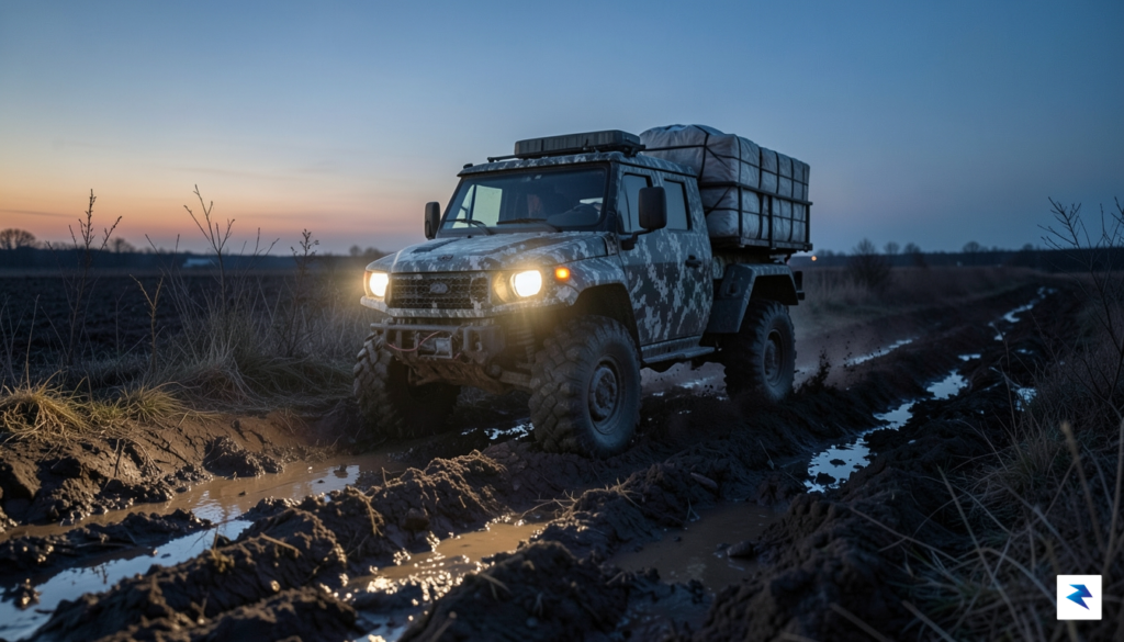 A rugged, camouflaged autonomous ground vehicle traversing a muddy, cratered…
