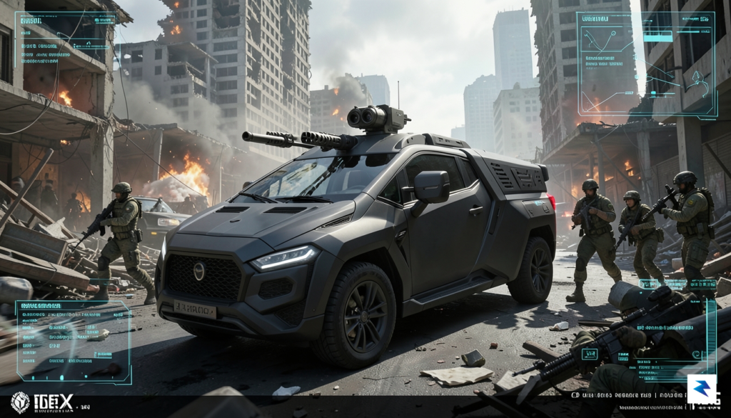A highly detailed conceptual rendering of an advanced autonomous ground…