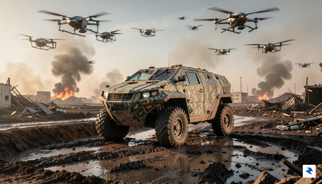 A rugged, camouflaged autonomous ground vehicle traversing a muddy, war-torn…