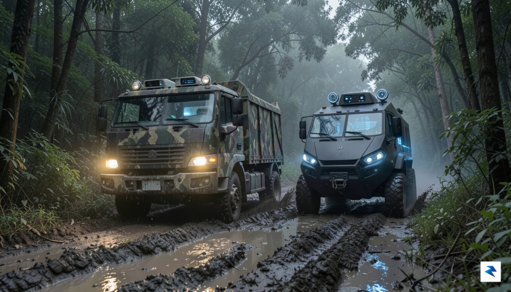 An autonomous military ground vehicle, possibly a logistics transport, following…