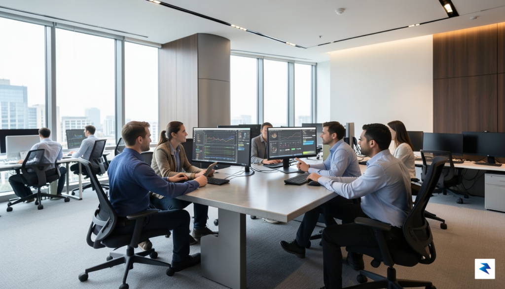 A modern, sleek office interior with multiple digital screens showing&hellip;