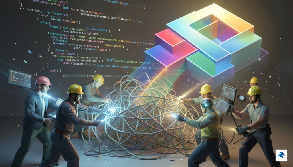 A conceptual digital illustration showing a complex, tangled web of&hellip;