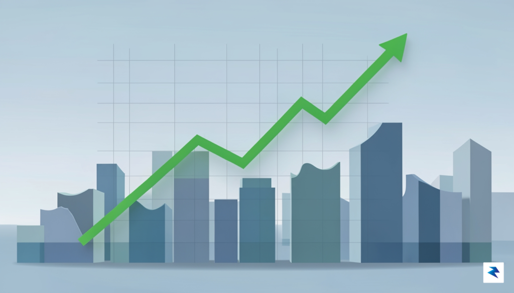 A modern, minimalist digital visualization showing a steady upward-trending green&hellip;