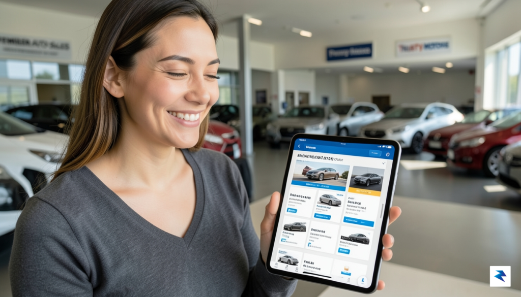 A person smiling confidently while looking at multiple digital offers…