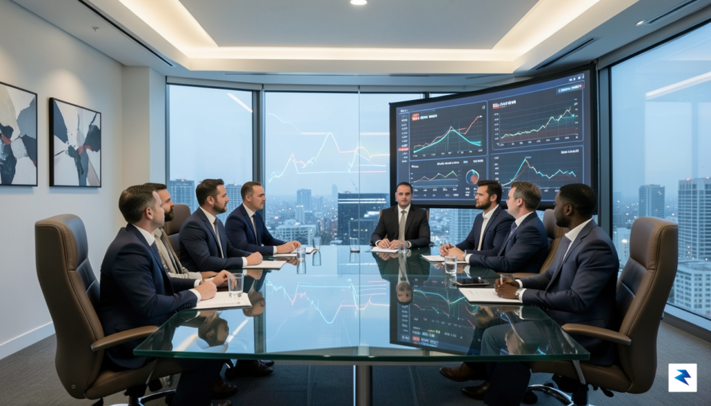 A modern, high-tech boardroom scene featuring venture capitalists reviewing data…