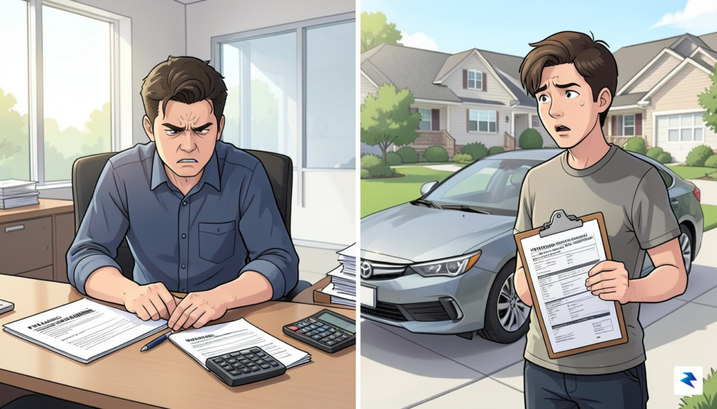 A split-screen composition showing a frustrated person sitting at a…