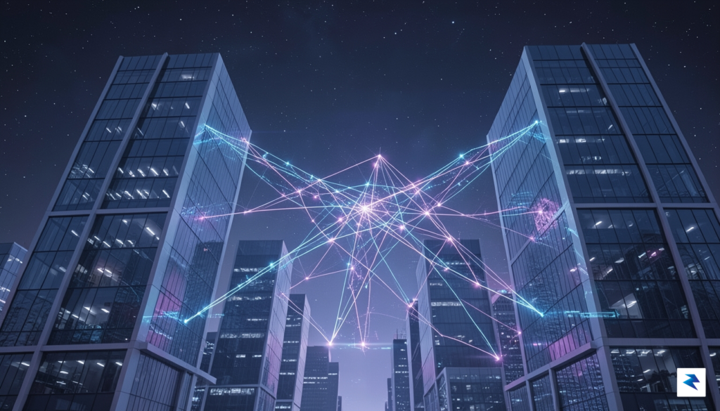 A high-tech, abstract visualization of a glowing digital data network…