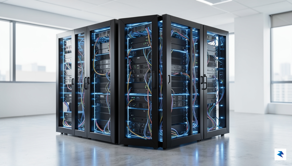 A modern, sleek data center server rack glowing with blue…