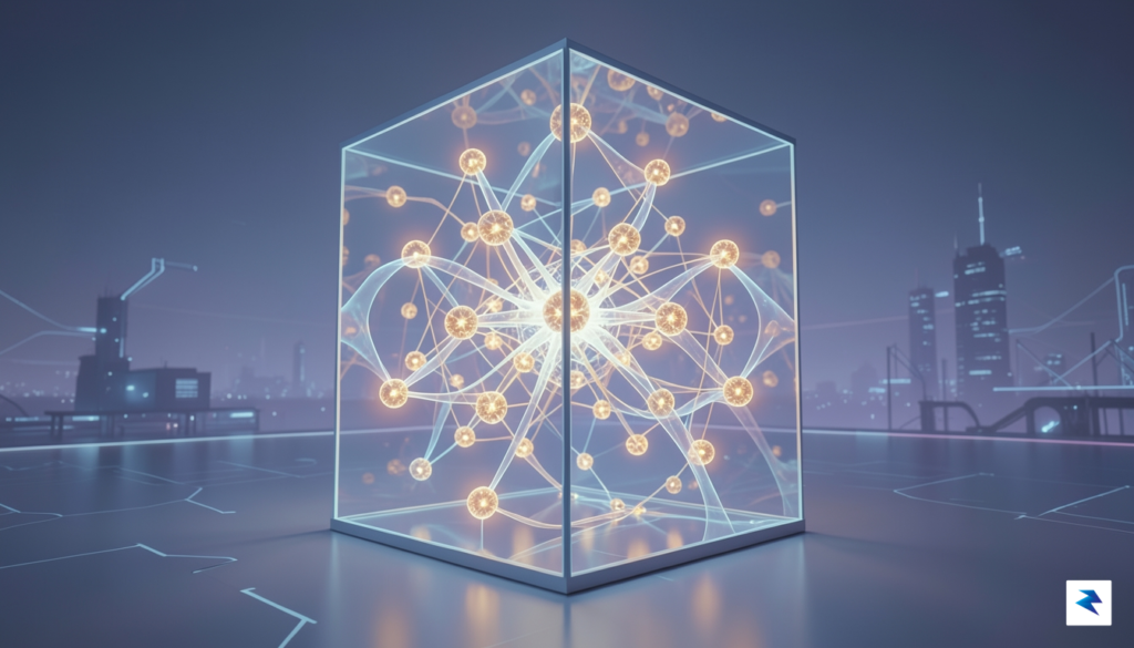 A conceptual digital illustration showing a glass-walled data architecture with…