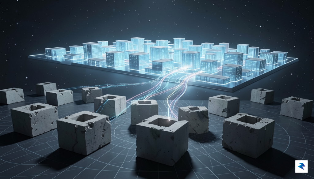 A conceptual illustration of a digital landscape transitioning from scattered…