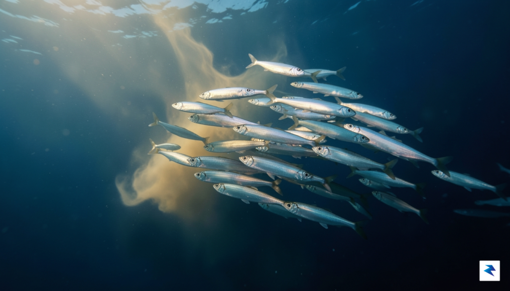 A vibrant underwater view showing a large school of silver…